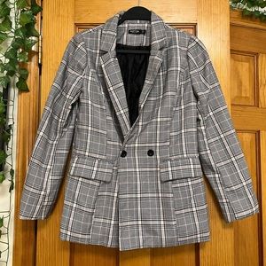 Nasty Gal Gray Plaid Double-Breasted Blazer
